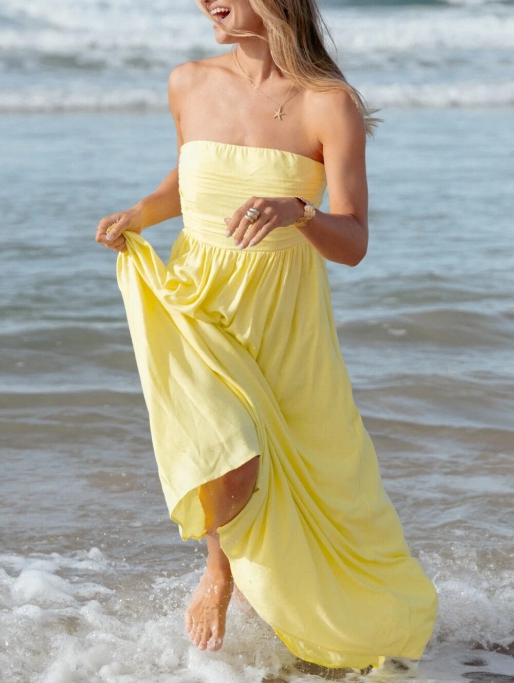NWT Petal + Pup Kayt Strapless Linen Blend Maxi Sundress Butter Yellow XS